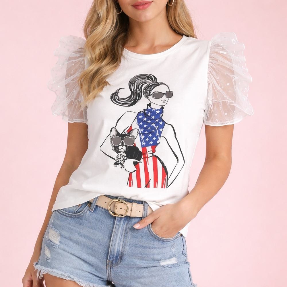 White Graphic XL Tulle Sleeve Blouse — Cute Fashion Statement Top